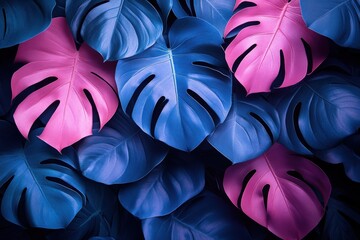 Wall Mural - A vibrant and textured pattern of overlapping blue and pink monstera leaves.