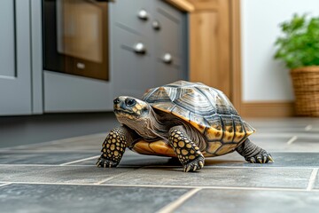 Wall Mural - Yellow-footed Tortoise Walking on a Tile Floor