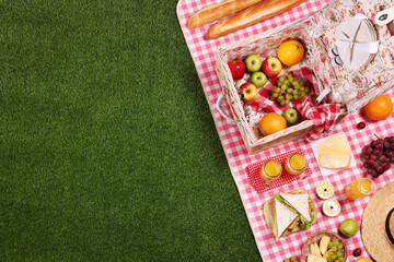 Wall Mural - Picnic basket with tableware, different snacks and juice on green grass outdoors, top view. Space for text