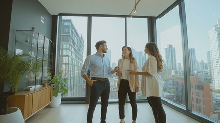 Poster - three professionals engage in a discussion while standing in a modern office space with large window