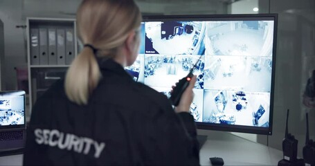 Poster - Woman, walkie talkie or screen for cctv monitor for protection, security service or building safety. Back view, video surveillance agency or person in control room with footage or camera at night
