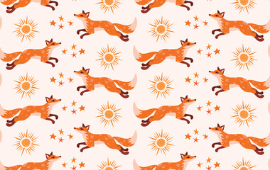 Poster - Cartoon pattern with fox and sun