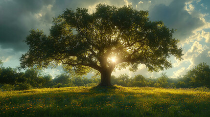 Poster - serene landscape with rolling hills covered in lush vegetation, bathed in warm sunlight. The interplay of light and shadow creates a dynamic yet tranquil scene, symbolizing the harmony amidst chaos