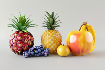 A vibrant assortment of fresh fruits including pineapple, bananas, grapes, apples, and strawberries displayed on a white background.