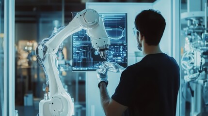 Wall Mural - Robotics Technician Examining Robotic Arm in Laboratory