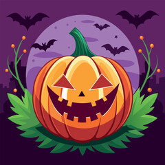 Sticker - A cartoon pumpkin with a green eye and a mouth that is wide open. The pumpkin is smiling and has a menacing look