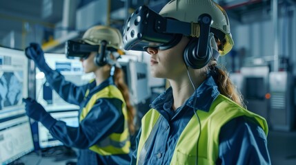 Poster - Two women wearing safety gear and wearing virtual reality goggles