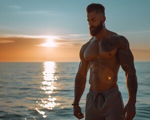 Muscular Male Bodybuilder Poses on Scenic Beach with Sunset Backdrop