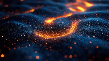 Wall Mural - Abstract glowing particles on a dark blue surface with a light orange glow.