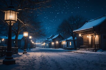 Wall Mural - A tranquil snowy street at night, adorned with lanterns and a starry sky, creating a magical atmosphere perfect for winter and holiday themes.