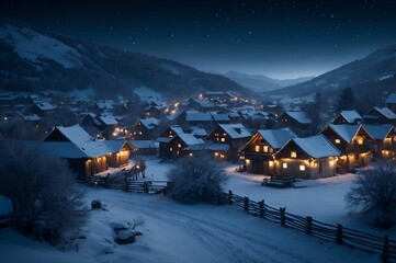 Wall Mural - A picturesque snowy village illuminated at night, showcasing cozy homes and a serene winter landscape, perfect for holiday and winter themes.