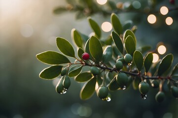 Wall Mural - A close-up of green leaves with red berries and soft bokeh lights, creating a serene and festive atmosphere, perfect for holiday themes and nature.