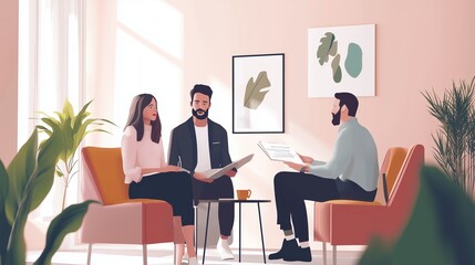 Poster - A productive meeting among three professionals discussing ideas in a bright, modern office with plants and artwork