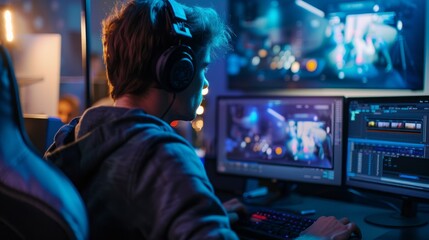 Poster - A man is sitting in front of a computer with a headset on