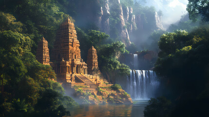 Wall Mural - Illustration of south asian tropical dreamy landscape of ancient hindu temple in the forest right next to water falls, generative ai image. Temple. Illustration