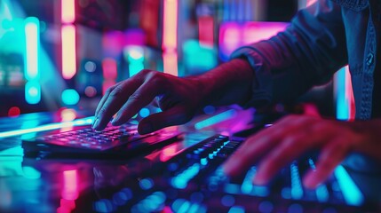 Poster - A person is typing on a keyboard in a neon-lit room