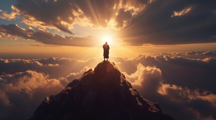 close up Jesus Christ standing on a mountain, overlooking the world below, with rays of light shining down