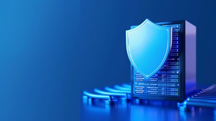 Poster - Secure server with a blue shield symbolizing data protection and cybersecurity in a digital environment.