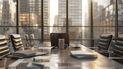 Wall Mural - A large conference table with a laptop, a cup of coffee, and a stack of papers