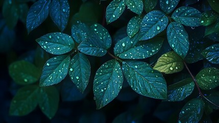 Wall Mural - Lush Green Leaves with Raindrops Glistening in the Natural Light