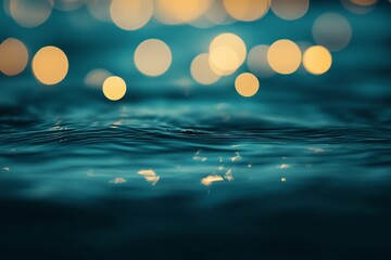 Poster - gentle ripples on tranquil water with shimmering bokeh lights at dusk creating an enchanting atmosph