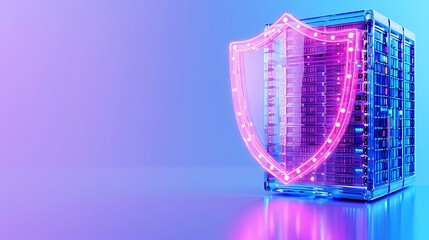 Server rack with glowing pink shield, representing cyber security, data protection, and digital safety in a futuristic setting.