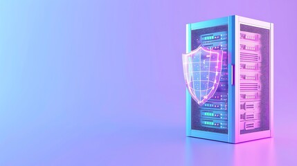 Poster - Server rack with shield icon, representing data security and protection in a modern digital environment with purple and blue lighting.