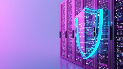 Poster - Server racks protected by a digital shield symbolizing cybersecurity and data protection in a glowing, futuristic environment.