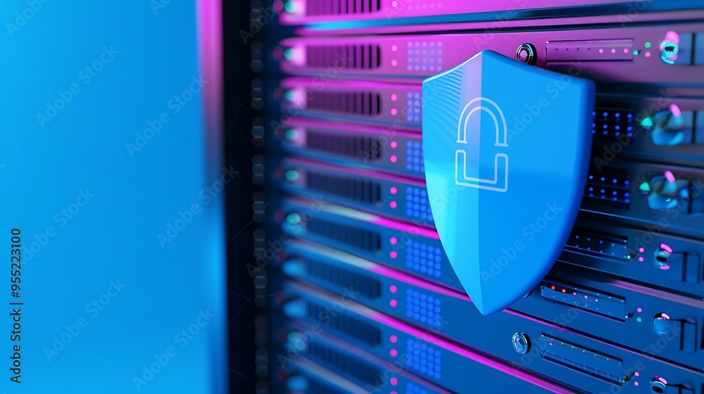 Server security concept showing locked shield on server racks ...