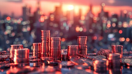 Aufkleber - A pile of coins is shown in a cityscape with a sunset in the background
