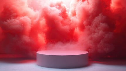 Poster - Floating red explosion cloud with mist surrounding a product display stand, perfect for showcasing fashion or beauty items.