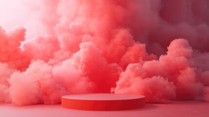 Poster - Floating red explosion cloud with mist surrounding a product display stand, perfect for showcasing fashion or beauty items.