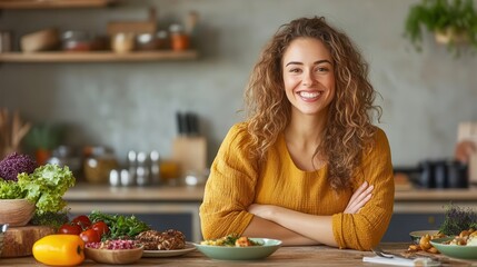 Smiling woman in kitchen with arms crossed, fresh food on table.