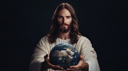 A depiction of Jesus Christ holding the Earth in His hands, with a peaceful expression