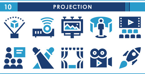 Fototapete - A set of solid icons related to Projection. Project, cinema, virtual reality, presentation, show, movie, concert, and so on. Vector flat icons set.