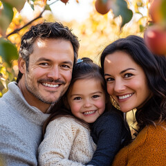 portrait of a happy smiling family in an apple orchard with fall foliage background 