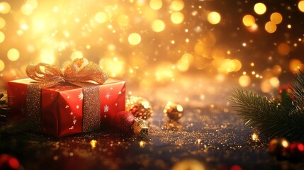 Wall Mural - Christmas gift box and trinkets on a background of unfocused golden lights