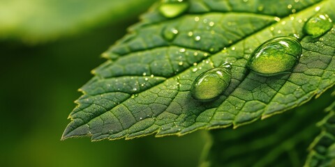 Macro shot of dewdrops on a green leaf, highlighting the fresh and vibrant texture, representing nature's purity and freshness, selective focus

