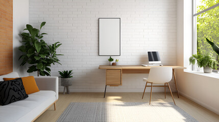 Wall Mural - Modern Home Office with White Brick Wall and Natural Light