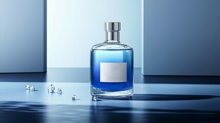 Sleek glass bottle with modern minimalist label, gradient background of deep blue and soft silver, have large negative space for text, vibrant and sharp image