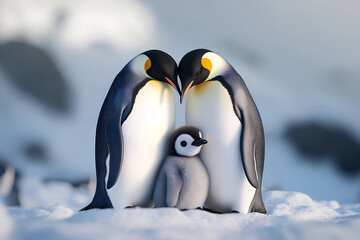 Cute penguin family in the snow,