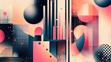 Wall Mural - Abstract Geometric Composition with Circles, Stripes, and Grids