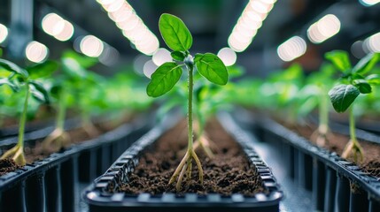 Close-up image of seedlings growing in net pots within hydroponic system. LED grow lights providing bright light to plants.