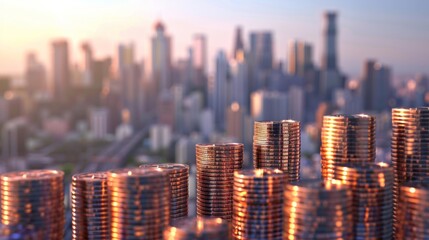 Aufkleber - A stack of coins is shown in front of a city skyline