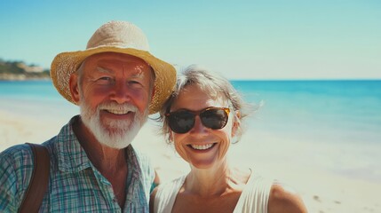 Wall Mural - Senior couple smiling at the beach, looking happy and relaxed.