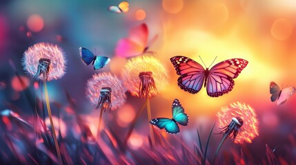 Wall Mural - Colorful butterflies fluttering amidst blooming dandelions at sunset in a vibrant garden