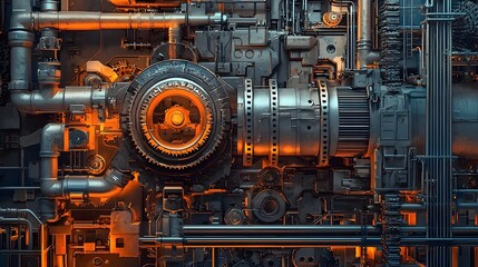 Glowing Mechanical Engine Powering Industrial Factory Machinery