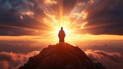 close up jesus christ standing on a mountain, overlooking the world below, with rays of light shinin