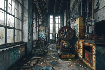 A dilapidated industrial space with rusted machinery and graffiti on the walls.