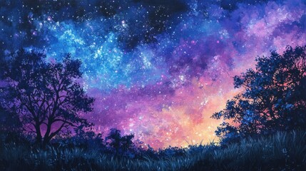 Poster - A Night Sky with Silhouettes of Trees and Grass